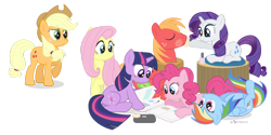 Size: 1264x632 | Tagged: safe, artist:dm29, derpibooru import, applejack, big macintosh, fluttershy, pinkie pie, rainbow dash, rarity, twilight sparkle, earth pony, pegasus, pony, unicorn, makeover, makeup, male, mane six, simple background, stallion, transparent background