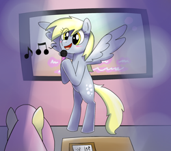 Size: 1700x1500 | Tagged: safe, artist:majupaju, derpy hooves, fluttershy, pegasus, pony, blushing, karaoke, open mouth, singing, spread wings, wingboner, wings