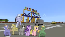 Size: 1334x750 | Tagged: safe, artist:vector-brony, edit, editor:topsangtheman, starlight glimmer, earth pony, pegasus, pony, unicorn, the cutie map, car, minecraft, offbeat, roller coaster, truck