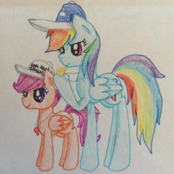 Size: 815x815 | Tagged: safe, artist:rainbowrules, derpibooru import, rainbow dash, scootaloo, pegasus, pony, baseball cap, coach, cute, cutealoo, hat, hoof hold, rainbow dashs coaching whistle, scootalove, smiling, smirk, sports, traditional art, whistle, whistle necklace