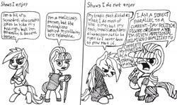 Size: 1280x762 | Tagged: safe, artist:ewoudcponies, rainbow dash, starlight glimmer, pegasus, pony, comic, dialogue, gun, monochrome, weapon