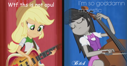 Size: 1917x997 | Tagged: safe, screencap, applejack, octavia melody, equestria girls, rainbow rocks, appul, cello, comic sans, eyes closed, frown, guitar, image macro, majestic, meme, musical instrument, raised eyebrow, vulgar