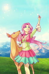 Size: 988x1500 | Tagged: safe, artist:lessanamidairo, fluttershy, deer, equestria girls, friendship through the ages, clothes, dandelion, dress, female, folk fluttershy, skirt, solo