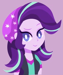 Size: 1600x1901 | Tagged: safe, artist:mearinne, starlight glimmer, equestria girls, mirror magic, spoiler:eqg specials, beanie, eyelashes, hat, looking at you, pink background, raised eyebrow, simple background, simplistic art style, smiling, smirk, solo