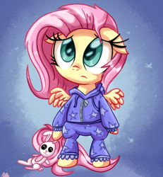 Size: 900x972 | Tagged: safe, artist:daniel-sg, angel bunny, fluttershy, pegasus, pony, bipedal, clothes, cute, pajamas, plushie, shyabetes, solo