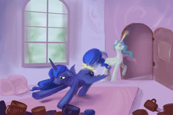 Size: 990x660 | Tagged: safe, artist:elunian, princess celestia, princess luna, alicorn, pony, celestia is not amused, coffee, coffee mug, floppy ears, luna found the coffee, magic, royal sisters, tail, tail pull, telekinesis