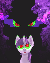 Size: 930x1158 | Tagged: safe, artist:xnir0x, derpibooru import, king sombra, twilight sparkle, pony, umbrum, unicorn, dark magic, looking up, magic, slit eyes, sombra eyes