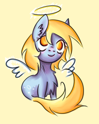 Size: 2383x2993 | Tagged: safe, artist:coco-drillo, derpy hooves, angel, pegasus, pony, blue fur, blushing, chest fluff, chibi, colourful, cute, ear fluff, food, golden eyes, halo, looking at you, muffin, solo, yellow mane