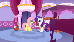 Size: 1366x768 | Tagged: safe, screencap, fluttershy, rarity, pegasus, pony, unicorn, suited for success, female, horn, mare
