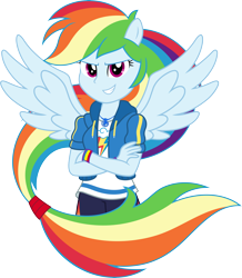 Size: 7442x8541 | Tagged: safe, artist:sugar-loop, derpibooru import, rainbow dash, better together, equestria girls, absurd resolution, female, geode of super speed, grin, looking at you, magical geodes, ponied up, simple background, smiling, solo, transparent background, wings