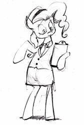 Size: 1075x1595 | Tagged: safe, artist:le chat tombe de la fenêtre, pinkie pie, pony, bipedal, business suit, clothes, monochrome, sketch, solo, suit, traditional art