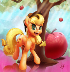 Size: 900x919 | Tagged: safe, artist:tsitra360, applejack, earth pony, pony, apple, giant apple, open mouth, smiling, solo, tree