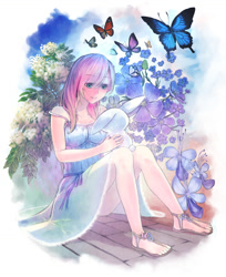 Size: 1000x1223 | Tagged: safe, artist:rinnemi, angel bunny, fluttershy, butterfly, human, feet, flower, humanized, sandals