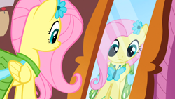 Size: 1366x768 | Tagged: safe, screencap, fluttershy, pegasus, pony, suited for success, clothes, dress, gala dress, mirror, solo