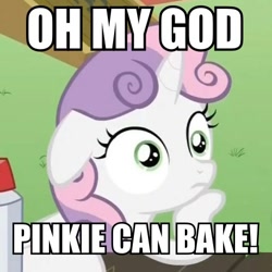 Size: 500x500 | Tagged: safe, sweetie belle, pony, unicorn, castle sweet castle, captain obvious, exploitable meme, female, filly, horn, image macro, meme, solo, sudden clarity sweetie belle, text, two toned mane, white coat, wide eyes