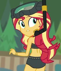 Size: 606x711 | Tagged: safe, screencap, sunset shimmer, better together, equestria girls, unsolved selfie mysteries, ass, bikini, bunset shimmer, butt, clothes, cropped, diving goggles, female, looking back, midriff, rear view, sleeveless, snorkel, solo, swimsuit