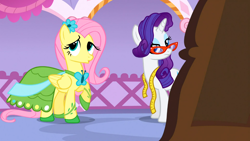 Size: 1366x768 | Tagged: safe, screencap, fluttershy, rarity, pegasus, pony, unicorn, suited for success, female, horn, mare