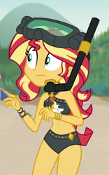 Size: 579x927 | Tagged: safe, screencap, sunset shimmer, better together, equestria girls, unsolved selfie mysteries, beach, belly button, bikini, bracelet, clothes, cropped, diving goggles, female, geode of empathy, jewelry, magical geodes, midriff, snorkel, solo, swimsuit, wristband