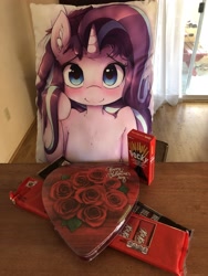 Size: 3024x4032 | Tagged: safe, starlight glimmer, pony, unicorn, body pillow, hearts and hooves day, holiday, irl, meme, otaku date, photo, valentine's day, valentines chocolate, waifu