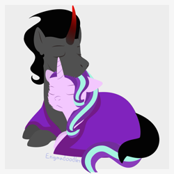 Size: 825x825 | Tagged: safe, artist:enigmadoodles, king sombra, starlight glimmer, pony, unicorn, blanket, female, male, prone, shipping, simple background, starlightsombra, straight