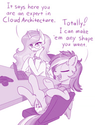 Size: 1000x1308 | Tagged: safe, artist:dstears, derpibooru import, princess celestia, rainbow dash, alicorn, pegasus, pony, backwards cutie mark, clothes, comically missing the point, computer, dialogue, eyes closed, female, glasses, job interview, laptop computer, misunderstanding, monochrome, necktie, programming, pun, underhoof