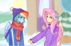 Size: 1024x664 | Tagged: safe, artist:keeerooooo1, derpibooru import, fluttershy, rainbow dash, human, best gift ever, equestria girls, clothes, eared humanization, eyes closed, female, hat, humanized, scarf, scene interpretation, winged humanization, wings