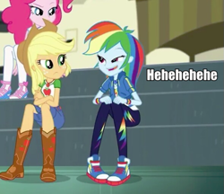 Size: 663x573 | Tagged: safe, derpibooru import, edit, edited screencap, screencap, applejack, pinkie pie, rainbow dash, better together, equestria girls, overpowered (equestria girls), boots, caption, clothes, converse, cowboy boots, cowboy hat, cropped, crossed arms, denim skirt, faic, female, geode of super speed, geode of super strength, hat, image macro, leggings, magical geodes, meme, pants, pantyhose, rainbow dash is best facemaker, shoes, skirt, smiling, sneakers, stetson, text