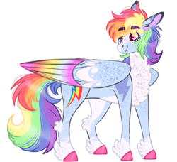 Size: 842x768 | Tagged: safe, artist:wanderingpegasus, derpibooru import, rainbow dash, pegasus, pony, alternate design, colored hooves, colored wings, female, mare, simple background, smiling, solo, unshorn fetlocks, white background