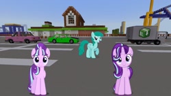 Size: 1334x750 | Tagged: safe, artist:dashiesparkle, artist:eugenebrony, artist:xebck, edit, editor:topsangtheman, spring melody, sprinkle medley, starlight glimmer, pegasus, pony, unicorn, season 6, amusement park, car, duo, looking at you, minecraft, roller coaster, s5 starlight, truck