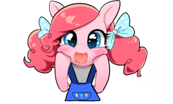 Size: 1254x758 | Tagged: safe, artist:quizia, pinkie pie, earth pony, pony, alternate hairstyle, blushing, bust, clothes, cute, diapinkes, female, hooves on cheeks, looking at you, overalls, pigtails, quizia is trying to murder us, simple background, smiling, solo, squishy cheeks, tongue out, transparent background