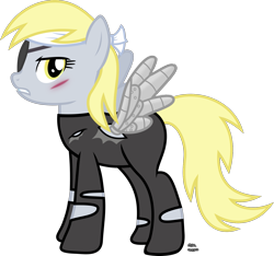 Size: 1595x1495 | Tagged: safe, artist:anime-equestria, derpy hooves, pegasus, pony, clothes, epic derpy, eyepatch, female, future derpy, gritted teeth, headband, looking at you, mare, metal wing, scar, simple background, solo, transparent background, vector