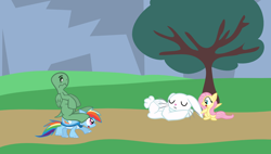 Size: 1200x680 | Tagged: safe, artist:mj-mysteriousjeff, derpibooru import, angel bunny, fluttershy, rainbow dash, tank, hybrid, fluttershy the rabbit, ponified, race, rainbow dash the turtle, role reversal, species swap, the tortoise and the hare, wat