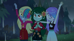 Size: 1366x768 | Tagged: safe, screencap, derpy hooves, snow flower, wallflower blush, equestria girls, equestria girls series, let it rain, spoiler:eqg series (season 2), clothes, cute, female, flowerbetes, midriff, music festival outfit, rain, sleeveless, tanktop, trio, trio female, wet hair