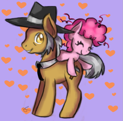 Size: 613x600 | Tagged: safe, artist:chiuuchiuu, igneous rock pie, pinkie pie, earth pony, pony, daddy's little girl, father and child, father and daughter, filly, heart, male, parent and child, ponies riding ponies