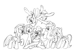 Size: 1000x700 | Tagged: safe, artist:mj-mysteriousjeff, derpibooru import, applejack, fluttershy, pinkie pie, rainbow dash, rarity, twilight sparkle, earth pony, pegasus, pony, unicorn, graduation, mane six, monochrome, pie