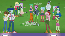 Size: 1366x768 | Tagged: safe, screencap, bon bon, curly winds, derpy hooves, duke suave, frosty orange, laurel jade, lemon zack, lyra heartstrings, max steele, raspberry lilac, snow flower, some blue guy, sweetie drops, wallflower blush, wiz kid, better together, equestria girls, let it rain, arms, background human, boots, care root, clothes, converse, dress, female, gay, halter top, hiking boots, kitten, male, no socks, pants, security guard, shipping, shoes, sneakers, tanktop, wizwinds