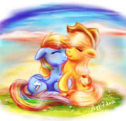 Size: 1280x1236 | Tagged: safe, artist:death-is-death, derpibooru import, applejack, rainbow dash, earth pony, pegasus, pony, appledash, appledash every day, cuddling, cute, dashabetes, female, jackabetes, lesbian, shipping, snuggling