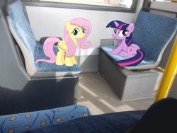 Size: 3648x2736 | Tagged: safe, artist:glitchking123, artist:hundebleonidasx, artist:silentmatten, derpibooru import, fluttershy, twilight sparkle, bus, irl, photo, ponies in real life, seat, shadow, sitting, vector