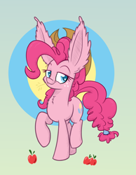 Size: 700x900 | Tagged: safe, artist:heir-of-rick, pinkie pie, earth pony, pony, daily apple pony, accessory swap, alternate hairstyle, apple, applejack's hat, ear fluff, freckles, hat, impossibly large ears, solo, straw