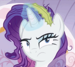 Size: 447x399 | Tagged: safe, screencap, rarity, pony, unicorn, ppov, cropped, female, frown, looking at you, mare, mirror, reaction image, reflection, seaweed, solo, unamused