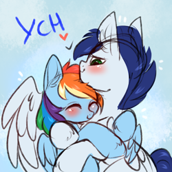 Size: 3000x3000 | Tagged: safe, artist:pesty_skillengton, derpibooru import, rainbow dash, oc, pegasus, pony, commission, confused, couple, cute, female, hug, love, male, mare, shipping, straight, your character here