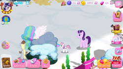 Size: 1334x750 | Tagged: safe, artist:topsangtheman, derpy hooves, princess celestia, silverstream, starlight glimmer, sweetie belle, twilight sparkle, alicorn, hippogriff, pegasus, pony, unicorn, balloon, bits, game screencap, gameloft, gem, hearth's warming eve, snow, winter