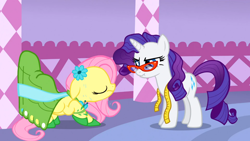 Size: 1366x768 | Tagged: safe, screencap, fluttershy, rarity, pegasus, pony, unicorn, suited for success, angry, clothes, dress, duo, eyes closed, female, gala dress, glasses, mare, scrunchy face, sweat