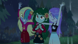 Size: 800x450 | Tagged: safe, screencap, derpy hooves, snow flower, wallflower blush, better together, equestria girls, let it rain, animated, arm around back, clothes, cloud, cute, dripping, eyes closed, female, flowerbetes, freckles, gif, grass, hair ornament, hair over one eye, looking at someone, midriff, music festival outfit, outdoors, rain, sleeveless, smiling, tanktop, tree, trio, trio female, waving, wet, wet hair