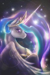 Size: 800x1200 | Tagged: safe, artist:zaellrin, princess celestia, alicorn, pony, solo, space, stars