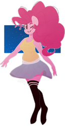 Size: 660x1280 | Tagged: safe, artist:pawberrykit, pinkie pie, anthro, unguligrade anthro, clothes, cute, female, looking at you, mare, moe, one eye closed, shirt, simple background, skirt, skirt lift, smiling, socks, solo, thigh highs, transparent background, wink