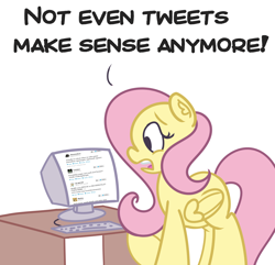 Size: 1800x1737 | Tagged: safe, artist:perrydotto, fluttershy, the cutie map, computer, doge, even tweets don't make sense anymore, frown, gamergate, open mouth, pun, solo, twitter, wide eyes