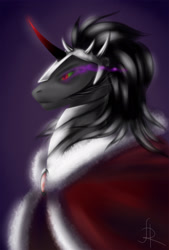 Size: 1500x2225 | Tagged: safe, artist:hitoame113, derpibooru import, king sombra, pony, unicorn, black mane, male, sharp teeth, solo, sombra eyes, stallion