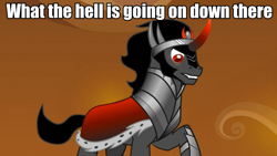 Size: 960x540 | Tagged: safe, derpibooru import, edit, edited screencap, screencap, king sombra, pony, unicorn, caption, dialogue, frown, gritted teeth, image macro, looking down, meme, raised hoof, solo