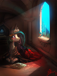 Size: 3799x5067 | Tagged: safe, artist:alumx, princess celestia, alicorn, pony, absurd resolution, blanket, blushing, bread, castle, city, clothes, coffee, cup, cute, cutelestia, dress, featured on derpibooru, female, floral head wreath, flower, flower in hair, food, hat, looking up, mare, morning ponies, plate, prone, signature, smiling, solo, sunlight, sunrise, toast, window